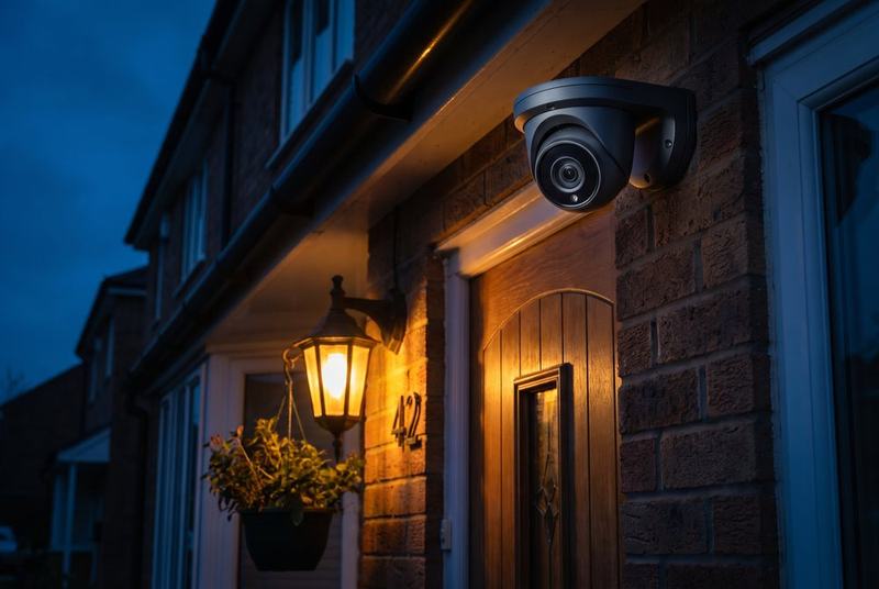CCTV camera watching over a home entrance at dusk