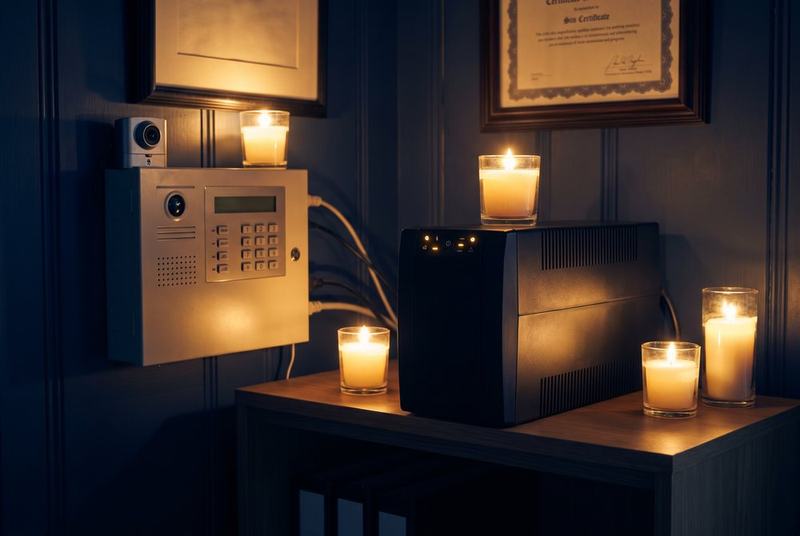 Backup battery keeping security equipment running by candlelight
