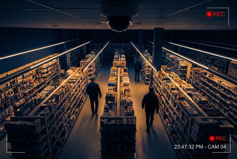 Retail shop aisles watched by a ceiling CCTV dome camera at night