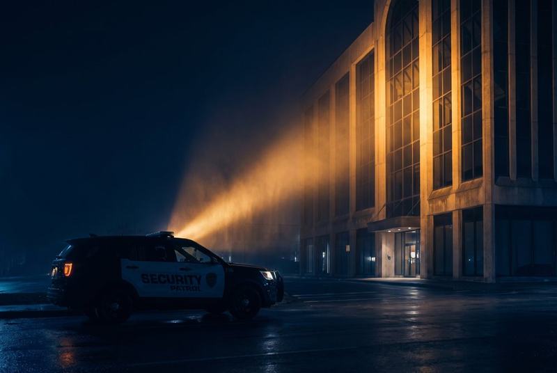 Patrol spotlight sweeping a commercial building at night