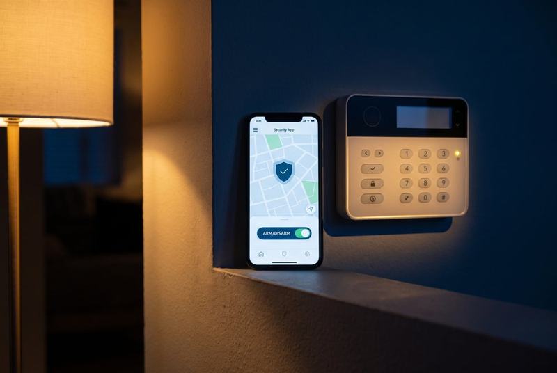 Smartphone with a security app beside a smart alarm panel