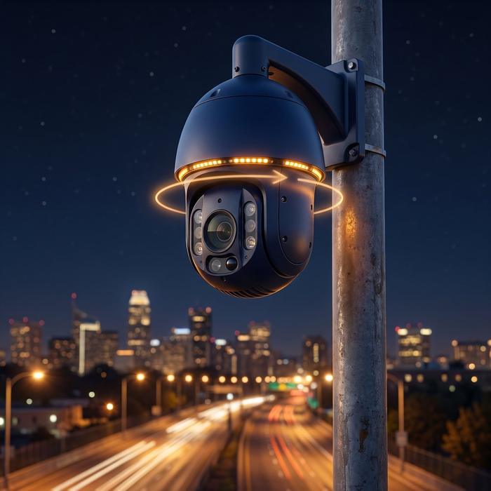 Pan-tilt-zoom PTZ security camera on a pole