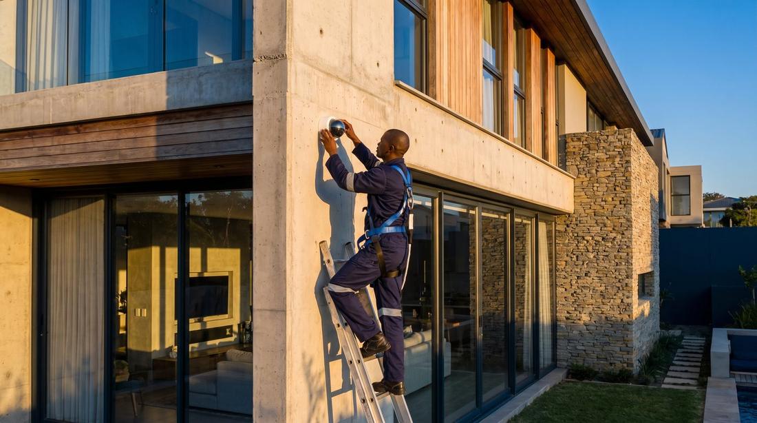 Technician installing CCTV on a residential home