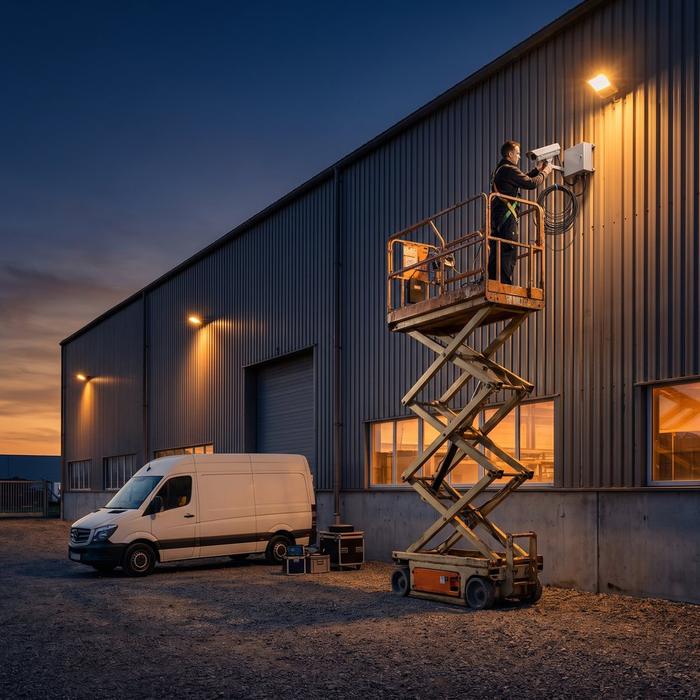 Technician installing alarm and CCTV on an industrial warehouse