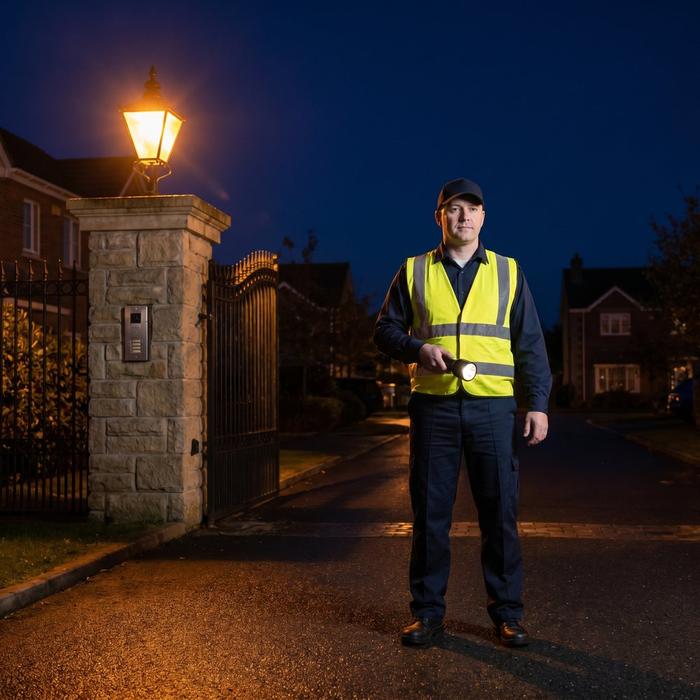 Security officer on duty at a residential gate at night
