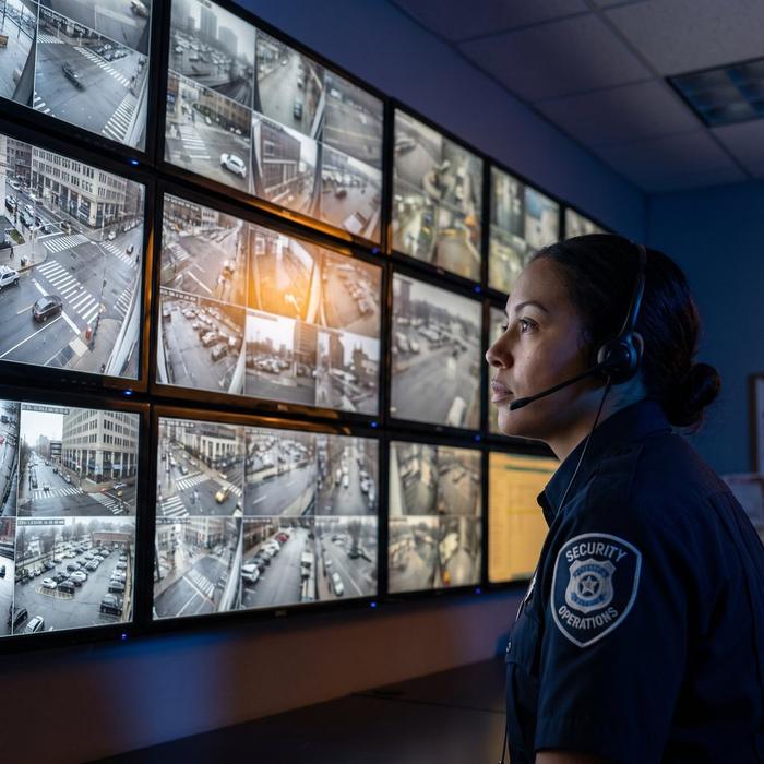 Control room operator monitoring live camera feeds