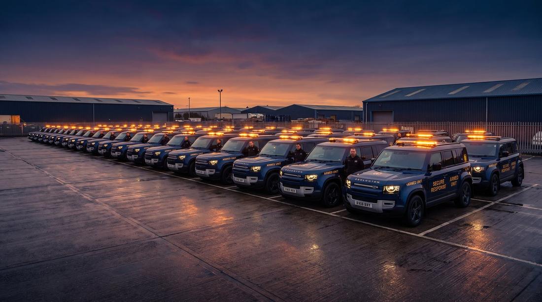 EE Solutions armed response fleet lined up at dusk