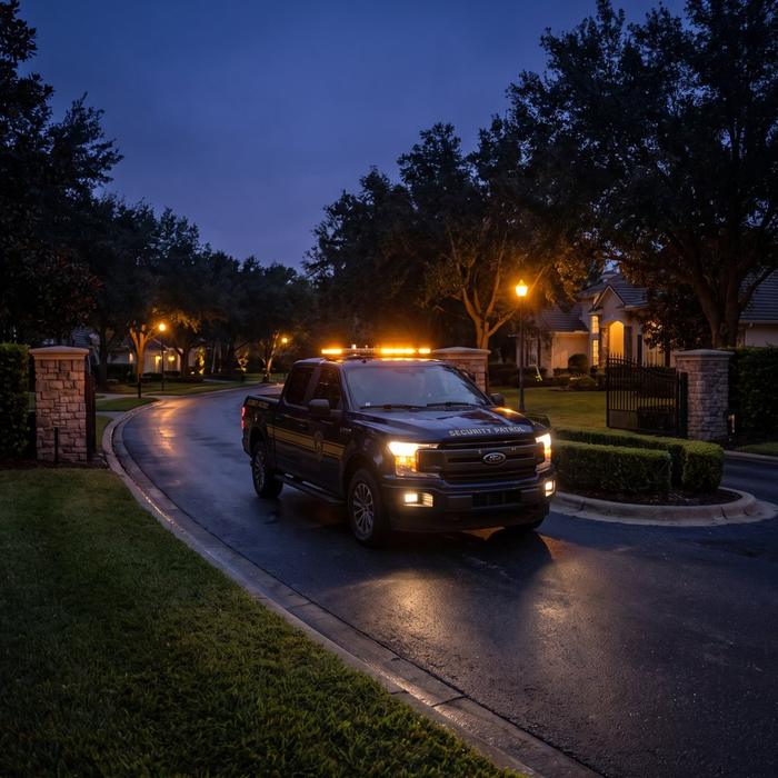 Security patrol vehicle on a gated estate road at night
