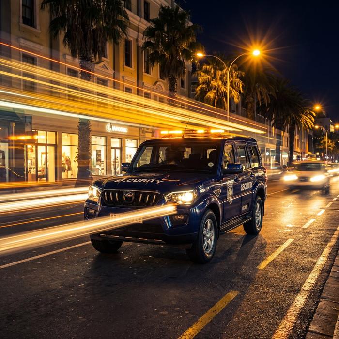 Rapid response security vehicle at speed at night