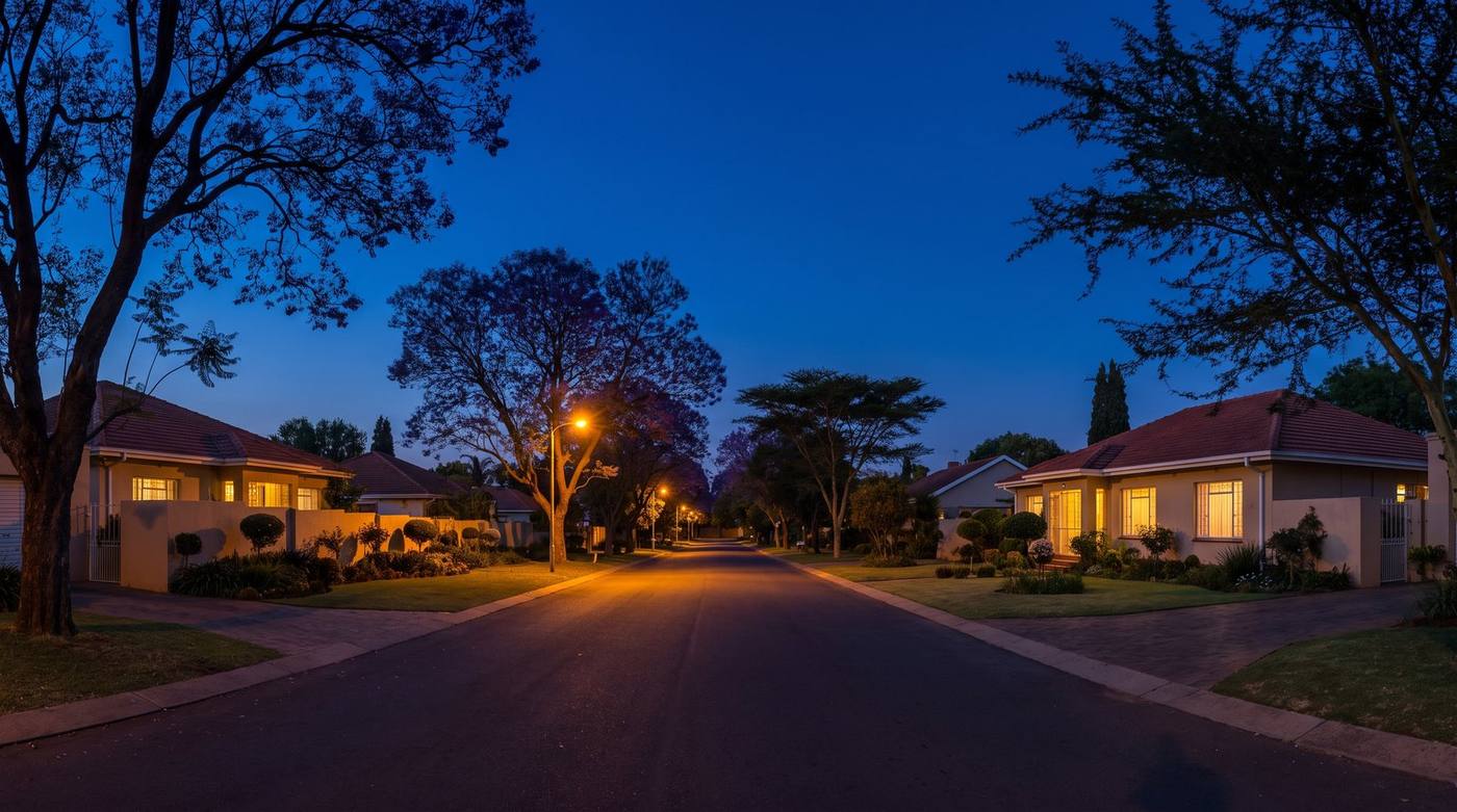 Quiet residential street at dusk
