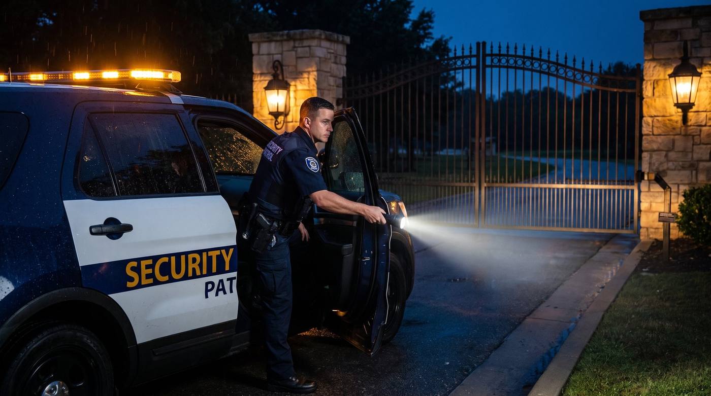 Security officer arriving at a property gate