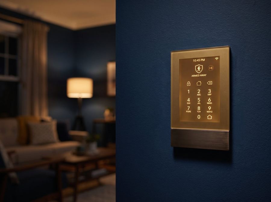 Smart alarm panel glowing on a wall at night