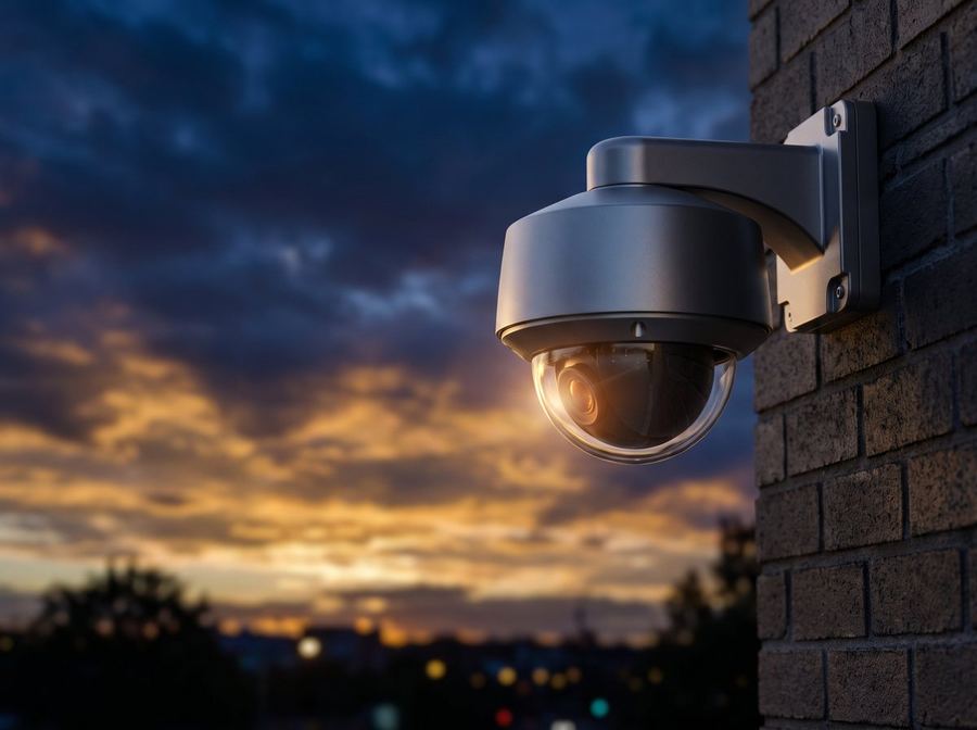 Modern CCTV surveillance camera mounted against a dusk sky
